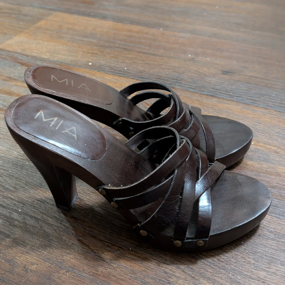Vintage Mia Wooden Leather Dark Chocolate Brown Clog Heel 7 - Picture 8 of 8